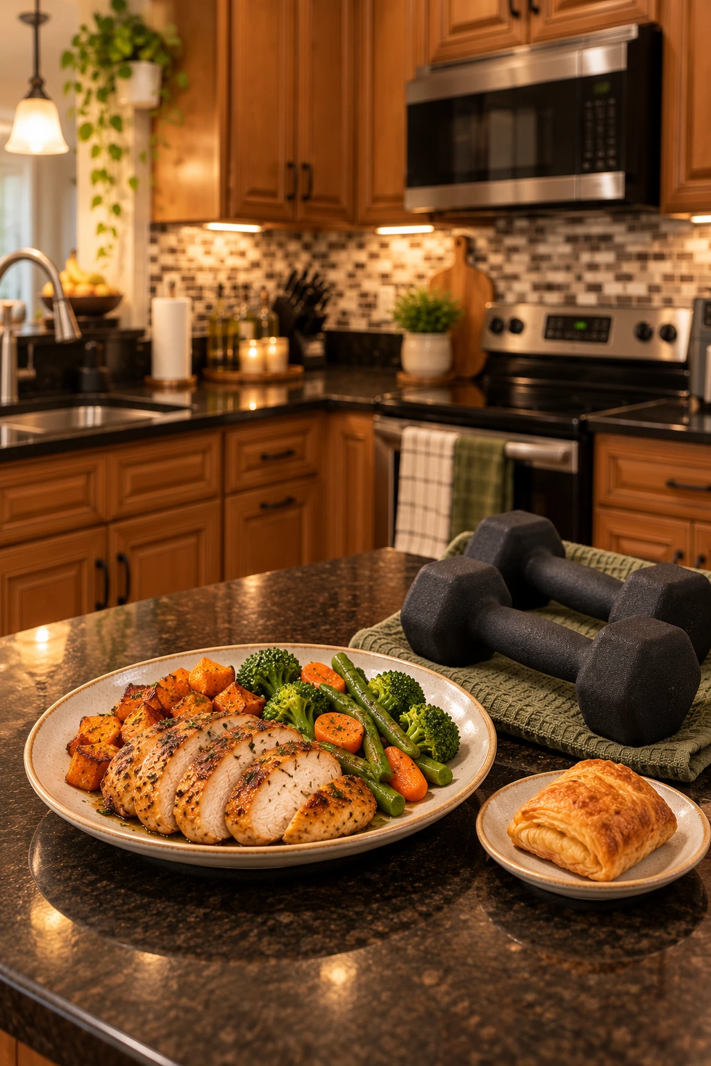 Roasted chicken, sweet potato, vegetables and a pastry beside dumbbells, in the original illustration inspired by Asia's kitchen
